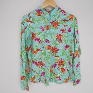 Icikuls Shirt Womens M Blue Floral Pullover Long Sleeve Mock Neck Zip Stretch